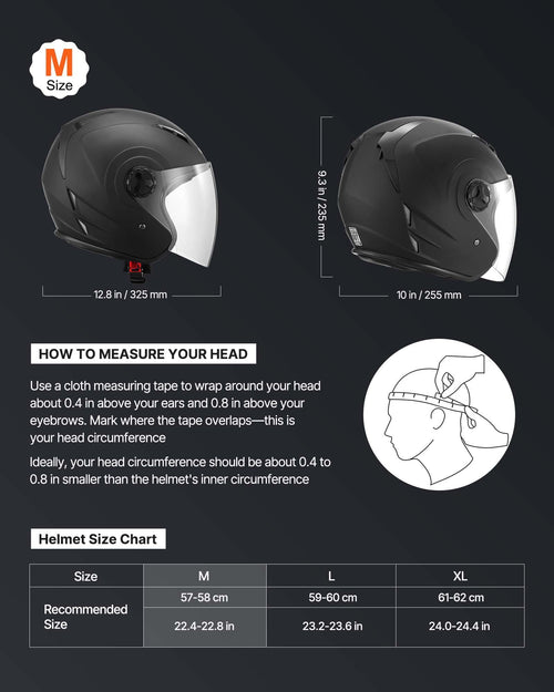 Adult 3/4 Open Face Motorcycle Helmet, DOT Certified Motocross Dirt Bike Helmet with Clear Wide Visor, Detachable Washable Liner, Comfortable Street & Racing Motorbike Helmet for Men & Women, Matte B