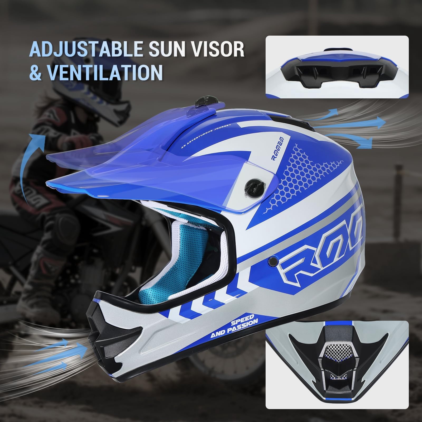 ROOZO Youth Dirt Bike Helmet â€?DOT Certified Full Face Motorcycle Helmet with Goggles & Gloves