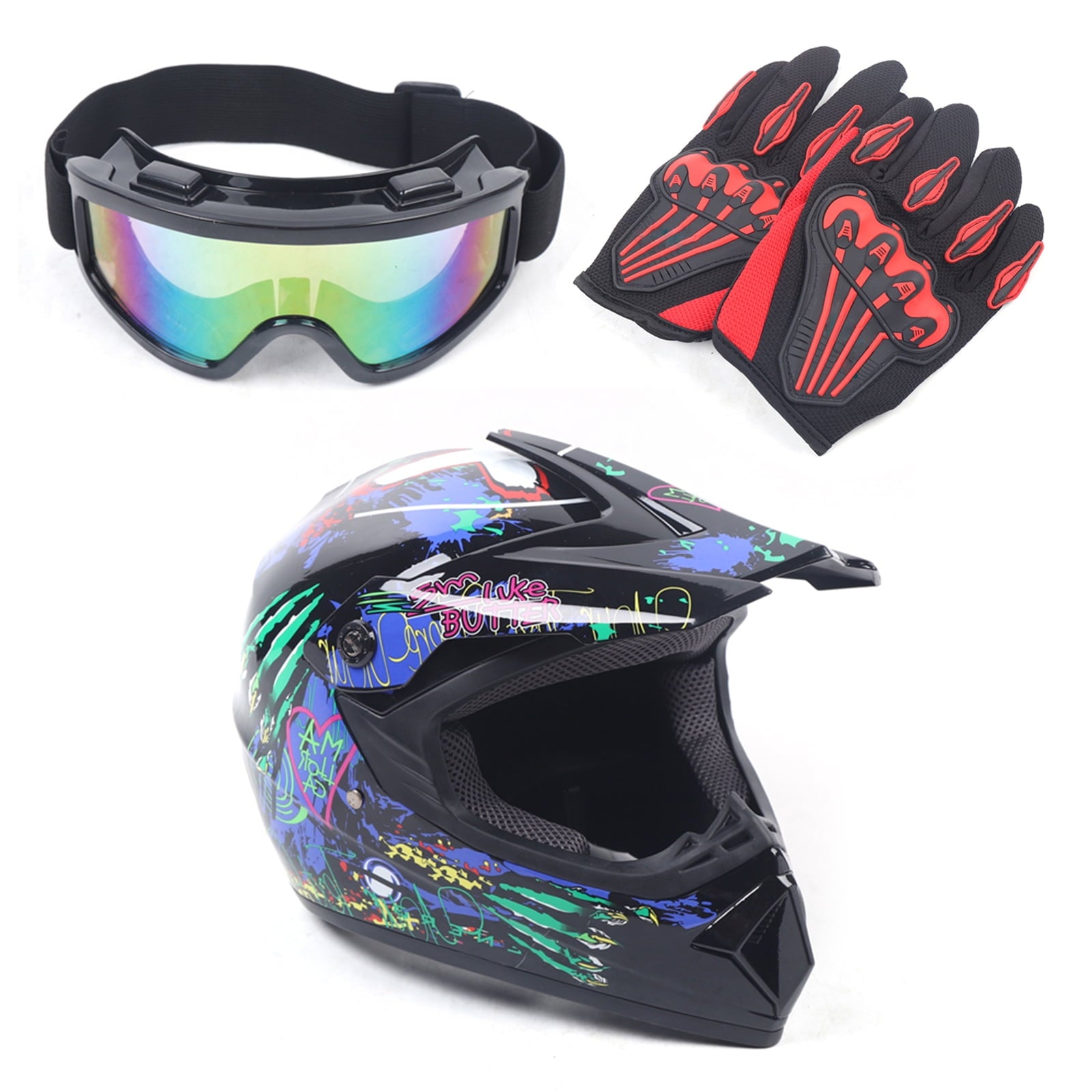 Motorcycle Helmet Set Motocross Helmet Kit Motorcycle Helmet with Gloves Goggles for Motorbike Riders with A Head Circumference During 21.65-22.05in
