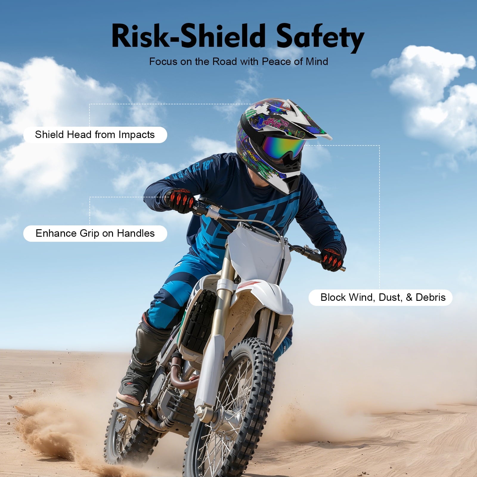 DOT Unisex Motocross Helmet with Goggles & Gloves, Impact Resistant, Well-Vented for Summer/Winter, Off-Road Riding, ATV MX BMX Dirt Bike Racing