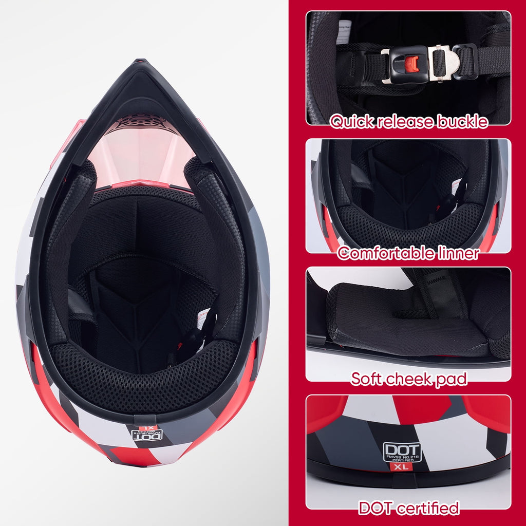 Motorcycle Full-Face Adult Helmet, DOT Approved Motocross ATV Offroad Dirt Bike Helmet, L Size, Red