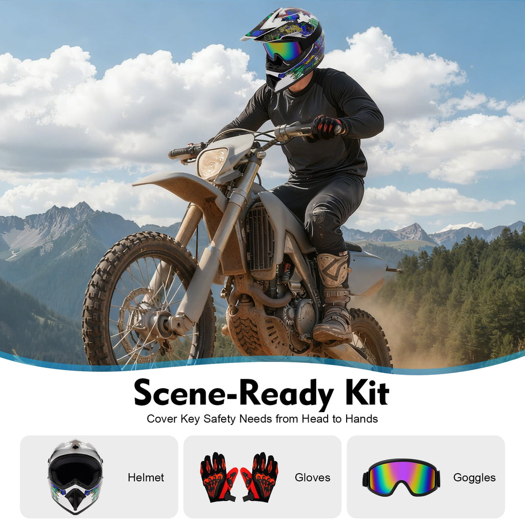 DOT Unisex Motocross Helmet with Goggles & Gloves, Impact Resistant, Well-Vented for Summer/Winter, Off-Road Riding, ATV MX BMX Dirt Bike Racing