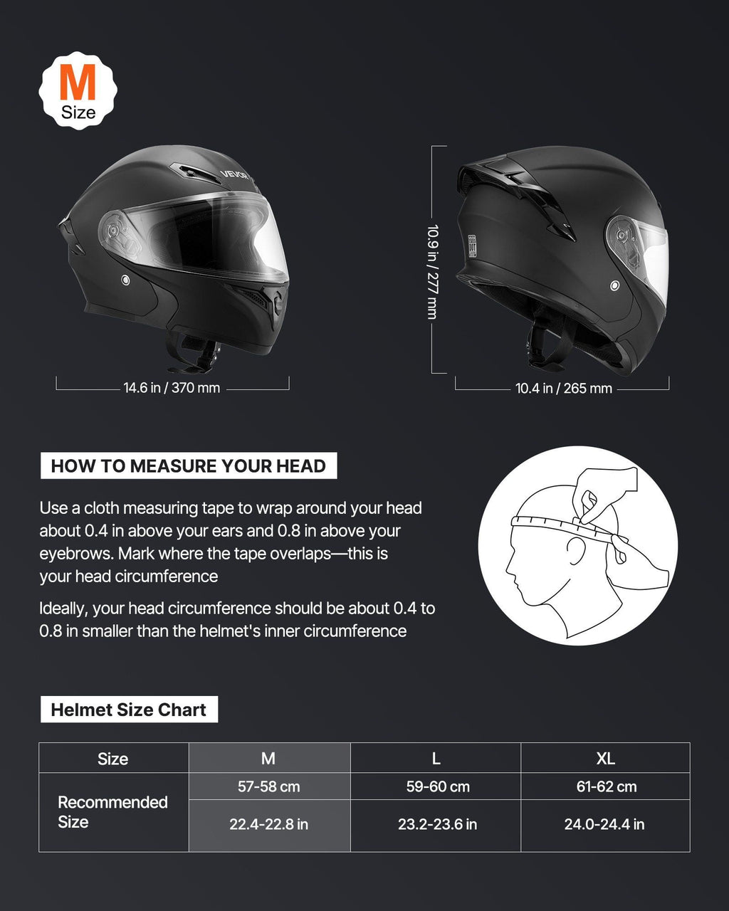Motorcycle Helmet, Modular, Adult Motocross Dirt Bike Helmet with Large Clear Visor, Comfortable Motorbike Racing Street with Detachable Liner for Men & Women, DOT Approved, (Matte Black, M)