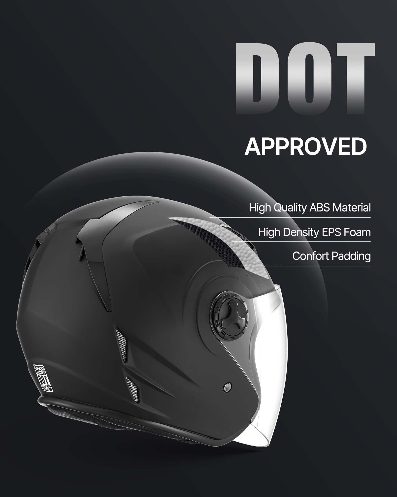 Adult 3/4 Open Face Motorcycle Helmet, DOT Certified Motocross Dirt Bike Helmet with Clear Wide Visor, Detachable Washable Liner, Comfortable Street & Racing Motorbike Helmet for Men & Women, Matte B