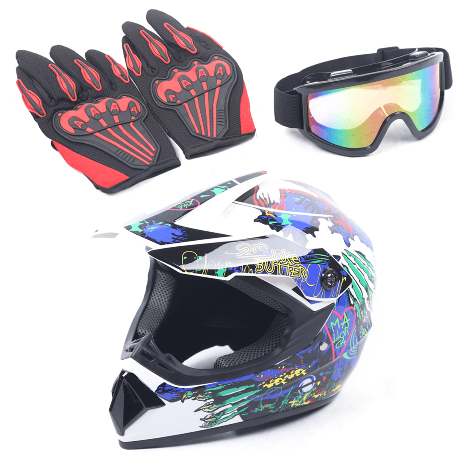 Youth Offroad Gear Combo Helmet Gloves Goggles DOT Motocross Off-Road Racing ATV Dirt Bike Protector