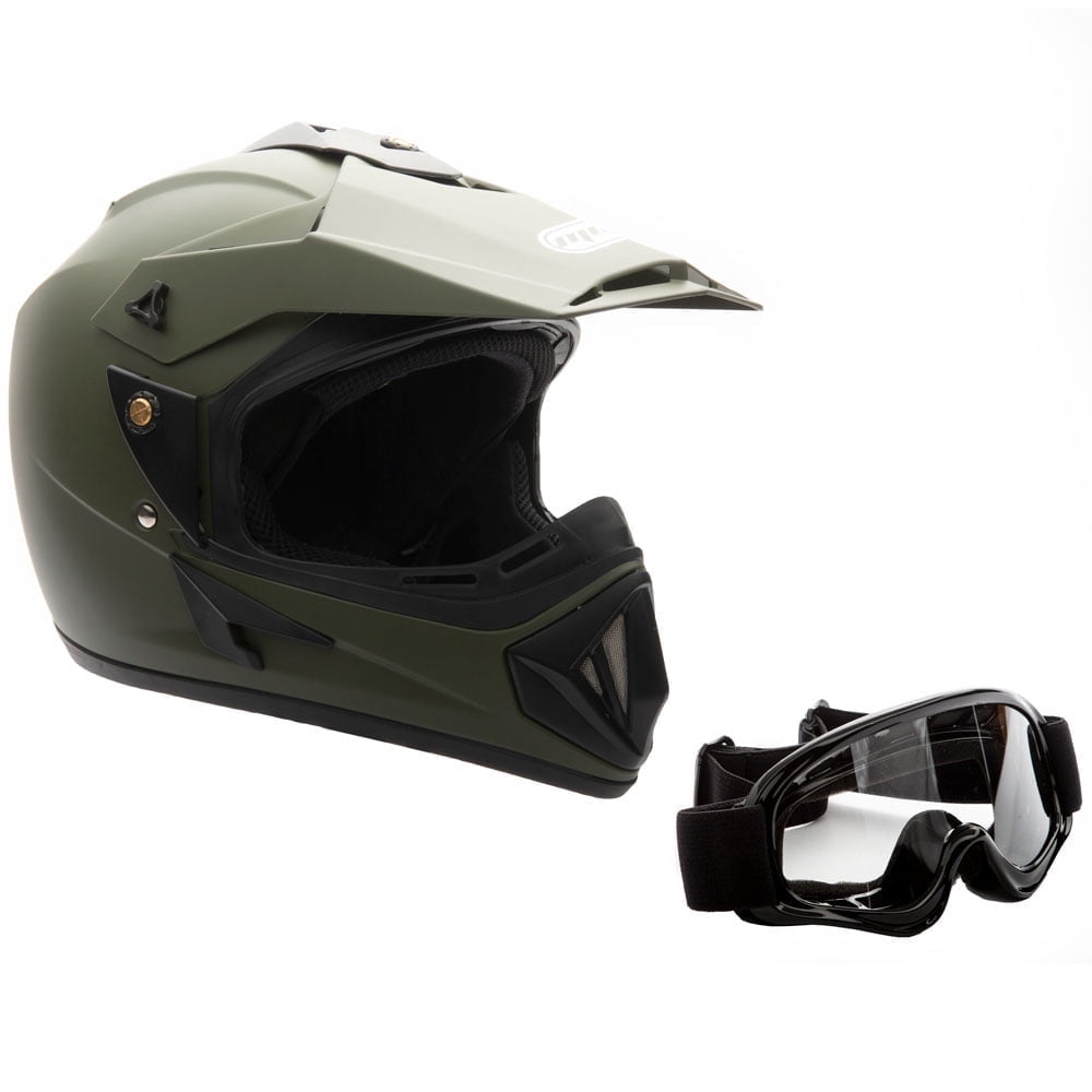 MMG Motorcycle Off-Road Helmet MX ATV Dirt Bike Matte Military Green with Goggles (Medium) Model 30