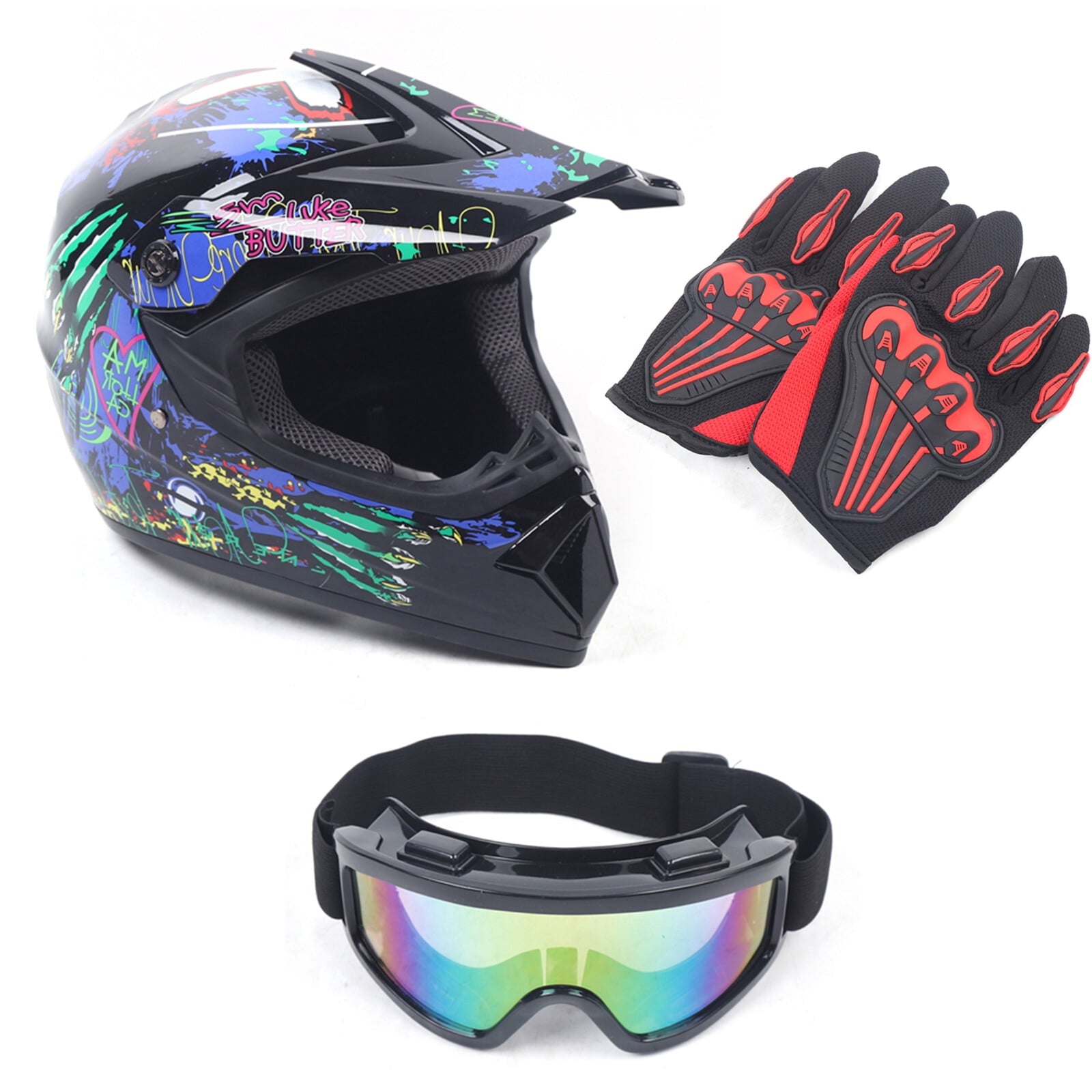 Motorcycle Full Face Helmet DOT Lightweight Helmets with Goggle Glove M Size