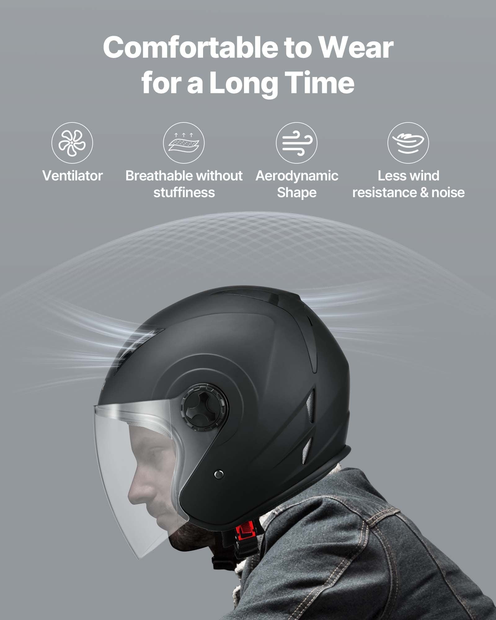 Adult 3/4 Open Face Motorcycle Helmet, DOT Certified Motocross Dirt Bike Helmet with Clear Wide Visor, Detachable Washable Liner, Comfortable Street & Racing Motorbike Helmet for Men & Women, Matte B