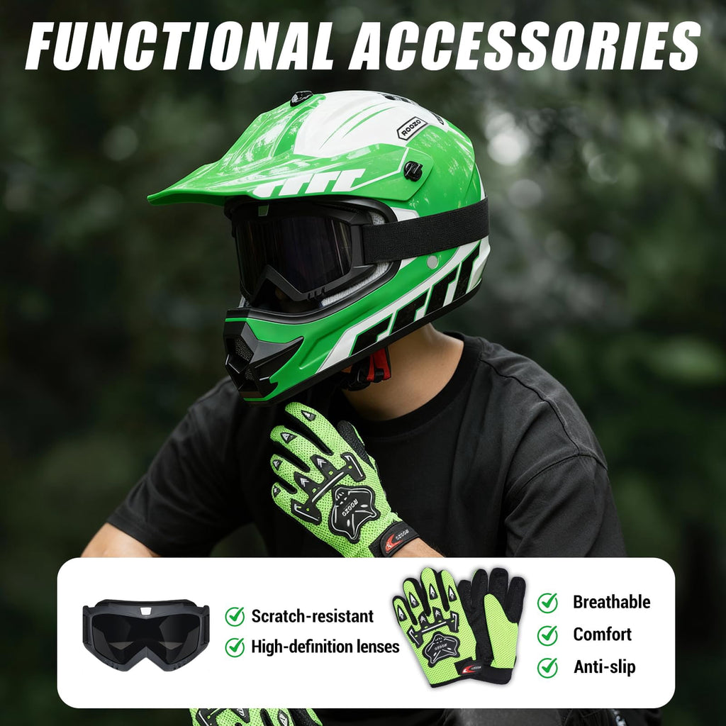 ROOZO Youth Dirt Bike Helmet â€?DOT Certified Full Face Motorcycle Helmet with Goggles & Gloves